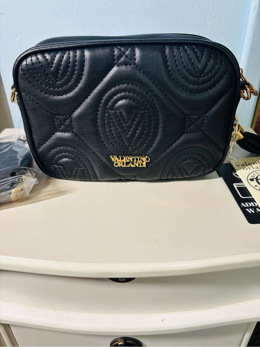 Valentino Orlandi Black Quilted Crossbody with Gold Logo